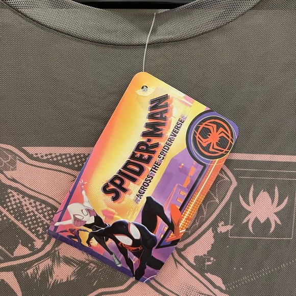 NWT Spider Gwen Marvel Girls Large Sheer Gray Pink Logo Crew Top Lightweight - Picture 5 of 7